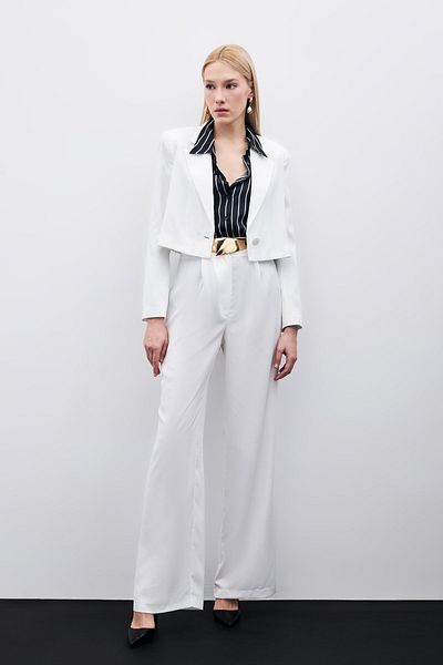 Sateen Ecru Crepe Trousers - Pleated Design