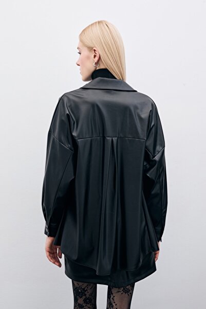 Sateen Çıtçıtlı Deri Gömlek - Siyah