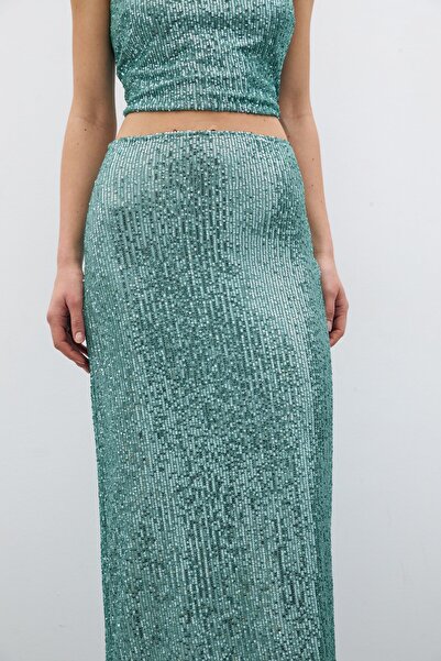 Sateen Fermuarlı Karolin Midi Etek - Mint