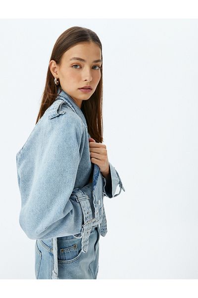 Koton Oversize Biker τζιν μπουφάν με λεπτομέρεια ζώνης με διπλό στήθος