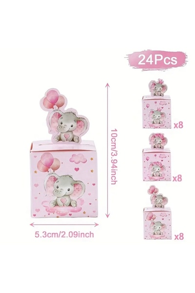 Kutumania 24 Adet Pembe Renkli Fil Desenli Kız Çocuk Babyshower Doğumgünü Hed...