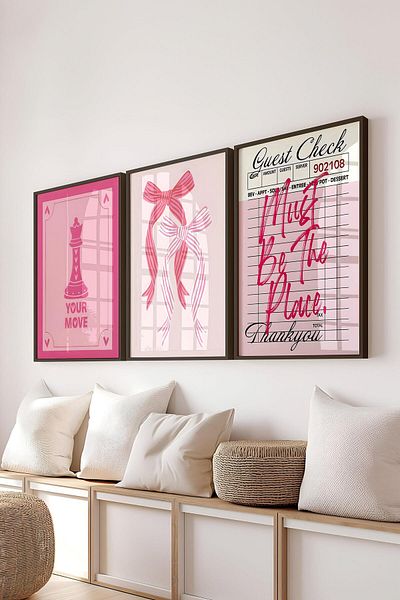 Postifull Black Framed Painting Set, Pink Illustration Wall Painting, 3 Piece Poster Set, No:300788
