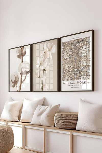 Postifull Black Framed Painting Set, Soft Brown William Morris Wall Painting, 3 Piece Poster Set, No:300