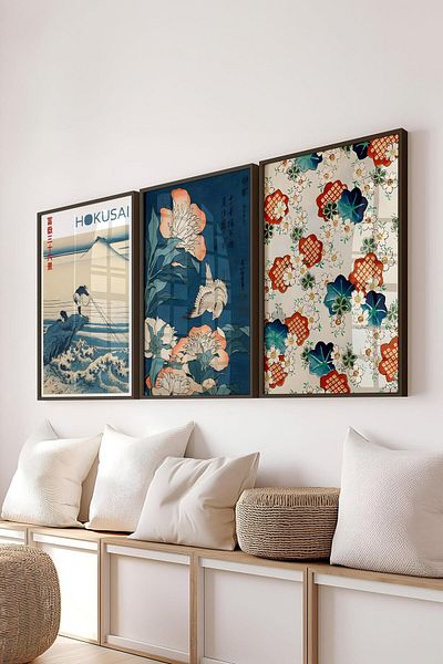 Postifull Black Framed Painting Set, Hokusai Wall Painting, 3 Pcs Poster Set, No:300762