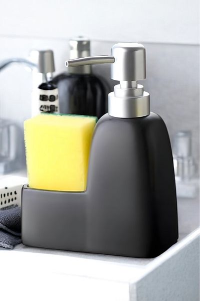 Seyese Porcelain Liquid Soap Dispenser with Compartment, Liquid Soap Dispenser with Sponge, Black Liquid Soap Dispenser with Sponge