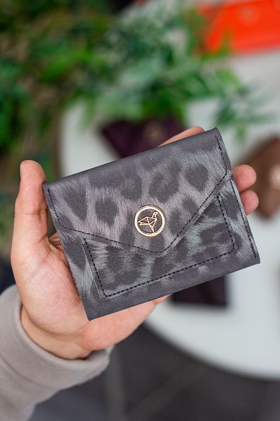 Garbalia Vegan Leather Mini Leopard Pattern Anthracite Women's Wallet with Coin Eyes and Lots of Card Holders
