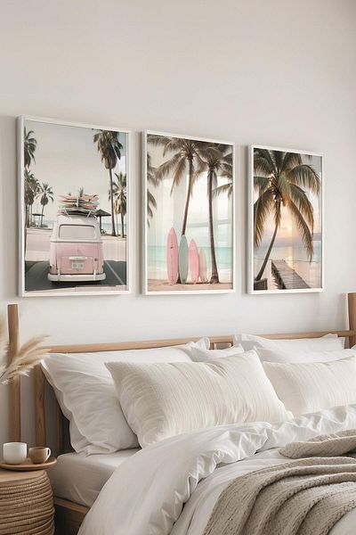 Postifull Set de pictură cu cadru alb, pictură de perete de vară pe coasta californiană, set de 3 posteri, nr:300692