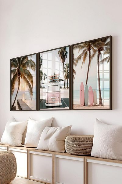 Postifull Black Framed Painting Set, California Coast Summer Wall Painting, 3 Pcs Poster Set, No:300692