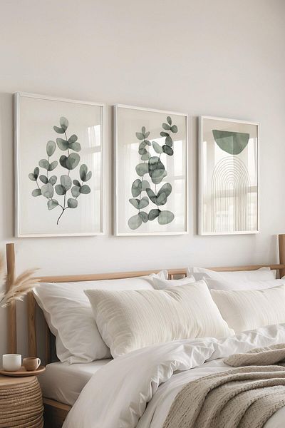 Postifull Set de pictură cu cadru alb, pictură de perete cu flori verzi și boho, set de 3 posteri, nr:300747