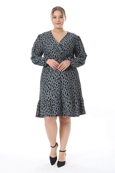 Mooi XXL Women's Gray Black Spotted Pattern Double Breasted Balloon Sleeve Plus Size Wrap Dress