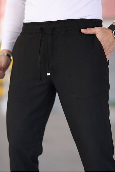 Bürke Men's Black Color Elastic Waist Lace up Stretchy Fitted Jogger Pants Fabric Trousers