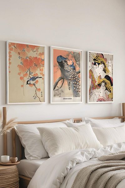 Postifull Set de pictură cu cadru alb, pictură murală Hokusai, set de 3 posteri, nr:300743