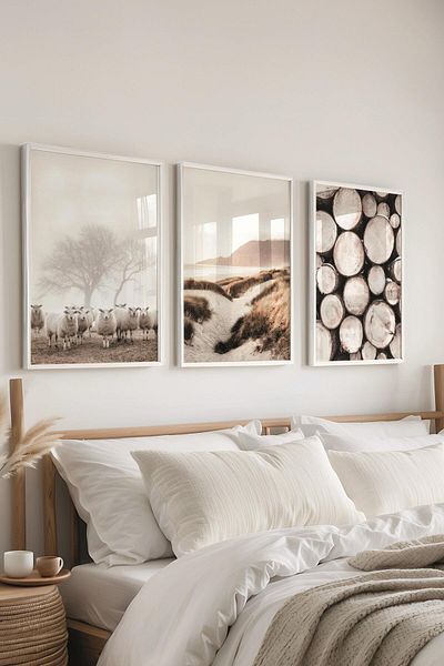 Postifull Set de pictură cu cadru alb, pictură de perete cu fotografii maro, set de 3 posteri, nr:300758