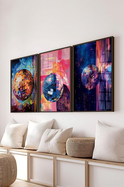 Postifull Black Framed Painting Set, Disco Ball Maximalist Wall Painting, 3 Pcs Poster Set, No:300796