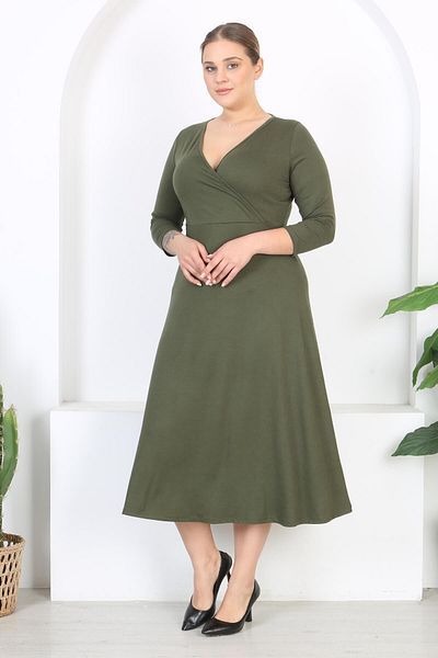 Mooi XXL Rochie maxi de damă, verde kaki, cu mânecă lungă, cu rever dublu