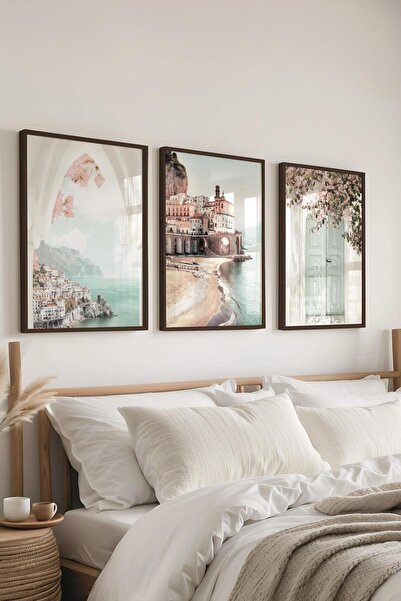 Postifull Siyah Çerçeveli Tablo Seti, Soft Pembe ve Mavi Duvar Tablosu, 3 Adet Poster Seti, No:300736