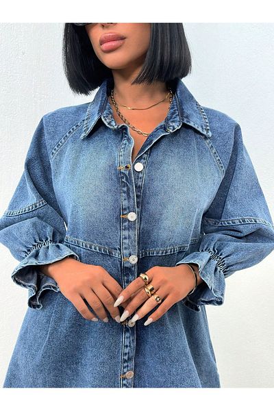 SHEVEGA Women's Light Blue Elastic Sleeve Pleated Long Balloon Denim Jacket
