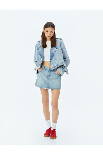 Koton Oversize Biker τζιν μπουφάν με λεπτομέρεια ζώνης με διπλό στήθος