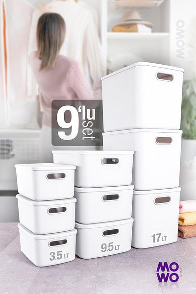 Mowo Home صندوق تخزين متعدد الأغراض باللون الأبيض مكون من 9 قطع مع غطاء، منظم، تخزين