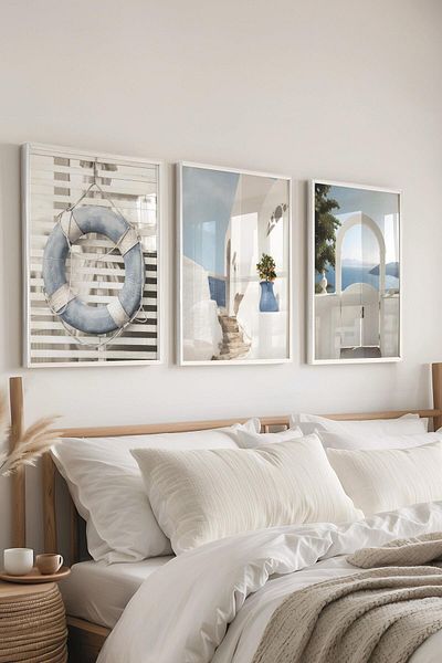 Postifull Set de pictură cu cadru alb, pictură murală peisaj albastru, set de 3 posteri, nr:300744
