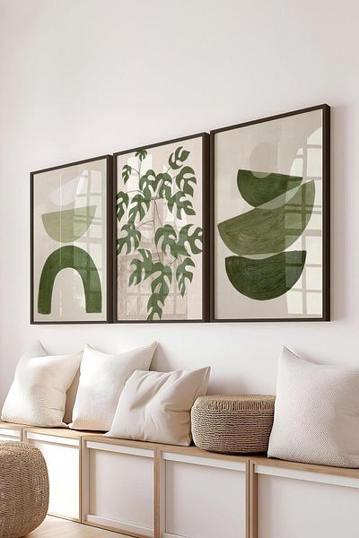 Postifull Black Framed Painting Set, Soft Green Wall Painting, 3 Piece Poster Set, No:300769