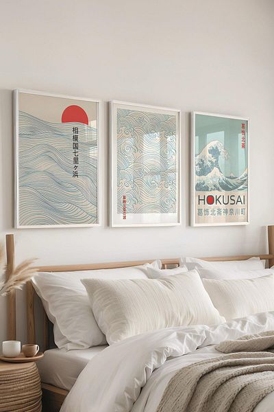 Postifull Set de pictură cu cadru alb, pictură de perete Hokusai albastru, set de 3 postere, nr:300741
