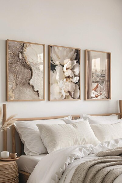 Postifull Ahşap Çerçeveli Tablo Seti, Soft Bej Duvar Tablosu, 3 Adet Poster Seti, No:300730