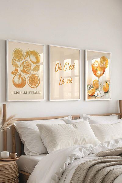 Postifull Set de pictură cu cadru alb, pictură de perete galbenă pentru bucătărie, set de 3 postere, nr:300766