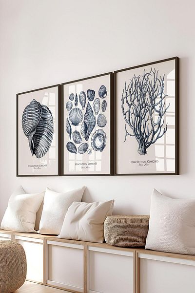 Postifull Set de pictură cu cadru negru, pictură murală cu ilustrație oceanică, set de 3 posteri, nr:300734