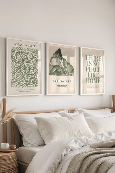 Postifull Set de pictură cu cadru alb, pictură de perete verde moale, set de 3 posteri, nr:300770