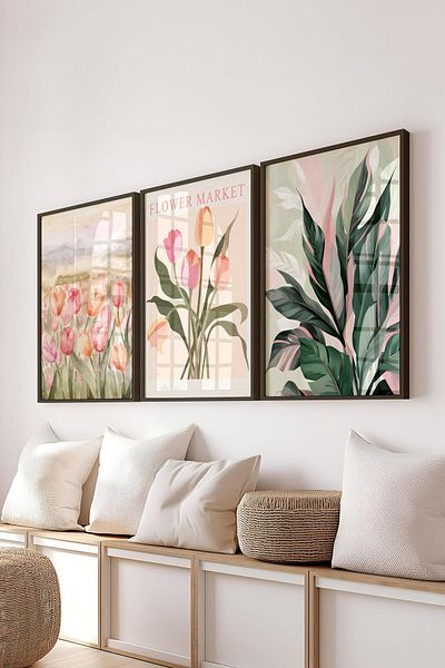 Postifull Black Framed Painting Set, Flowers Wall Painting, 3 Piece Poster Set, No:300778