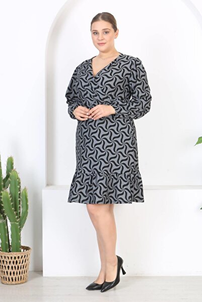 Mooi XXL Women's Gray Black Wind Vane Pattern Double Breasted Lapel Balloon Sleeve Plus Size Stretchy Dress