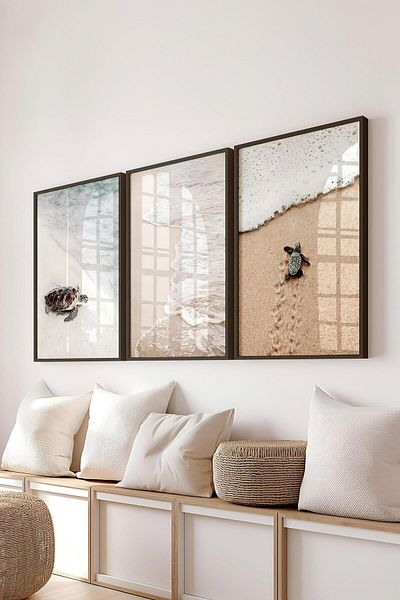 Postifull Set de pictură cu cadru negru, pictură de perete broască țestoasă și ocean, set de 3 postere, nr:300727