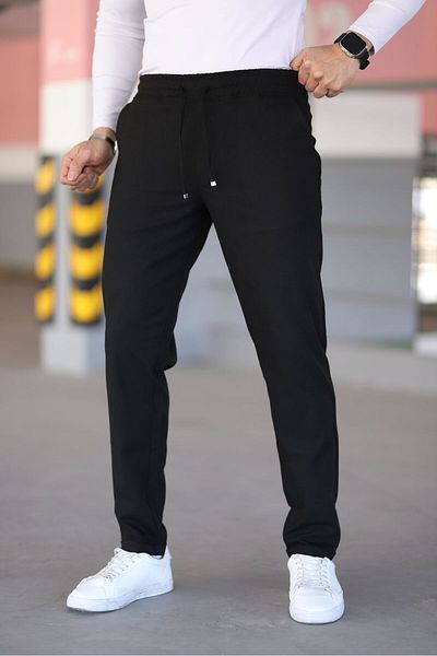 Bürke Men's Black Color Elastic Waist Lace up Stretchy Fitted Jogger Pants Fabric Trousers