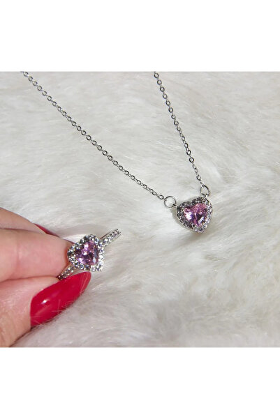 DMR Accessoire Evrim Akdamar Çelik Pembe Ayarlanabilir Yüzük Ve Kolye Kadin K...