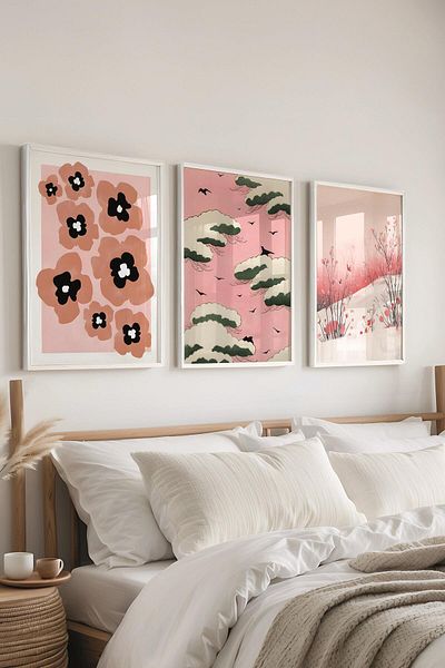 Postifull Set de pictură cu cadru alb, pictură murală mixtă roz, set de 3 postere, nr:300781