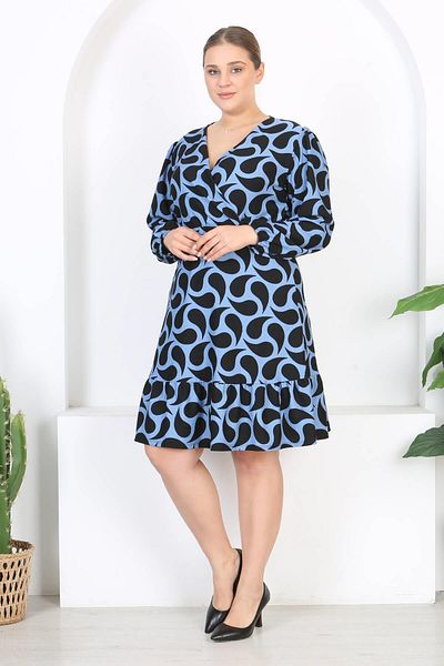 Mooi XXL Women's Blue Black Drop Pattern Double Breasted Collar Balloon Sleeve Plus Size Stretchy Dress