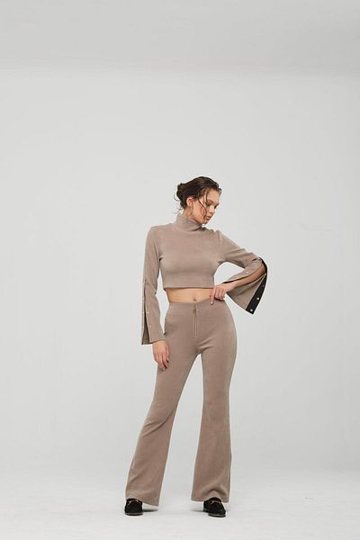 Naar Women's High Waist Slim Fit Spanish Leg Beige Trousers Naar91237-Beige