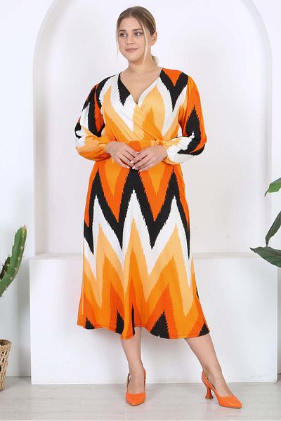Mooi XXL Women's Orange Zigzag Pattern Double Breasted Collar Balloon Sleeve Maxi Length Wrap Dress