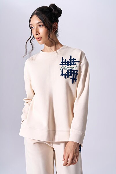 Naar Γυναικείο φούτερ σε κρεμ χρώμα - βαμβακερό, μακρυμάνικο, εμπριμέ, καθημερινή χρήση, NAAR91307-CREAM