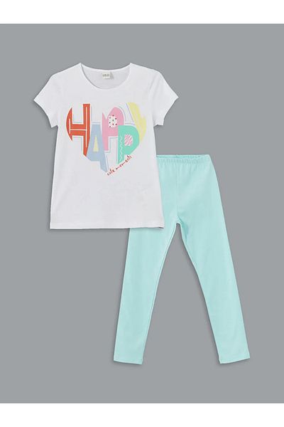 LC Waikiki Lcw Eco Black Crew Neck Printed Girls' T-Shirt and Leggings