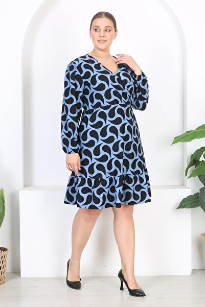 Mooi XXL Kadın Mavi Siyah Damla Desen Kruvaze Yaka Balon Kol Büyük Beden Esnek Elbise