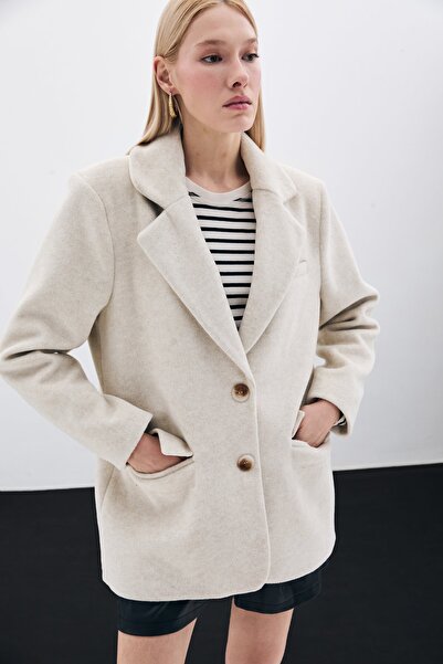 Sateen Κασμίρ μπουφάν με κουμπιά - Μπεζ