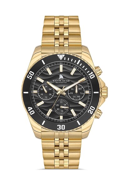 Navimarine Nm009-06 Multifonksiyonlu Altın Sarı Siyah Renk Çelik Erkek Kol Saati
