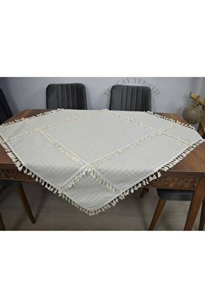 TUNCAY TEKSTİL Ponpon Saçaklı Püsküllü Monika Kumaş Masa Örtüsü Keten Buldan İşi Örtü