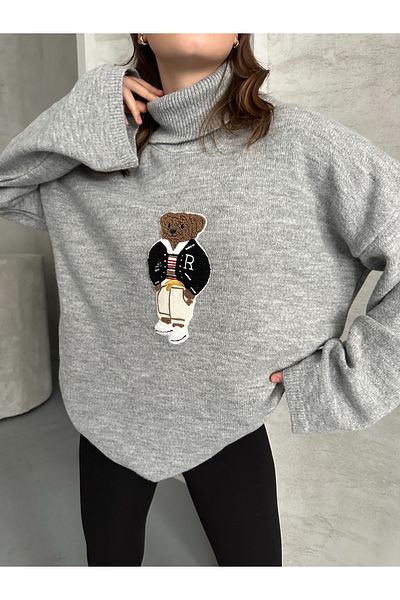 Elilook Women's Teddy Bear Teddy Bear Embroidered Turtleneck Knitwear Sweater