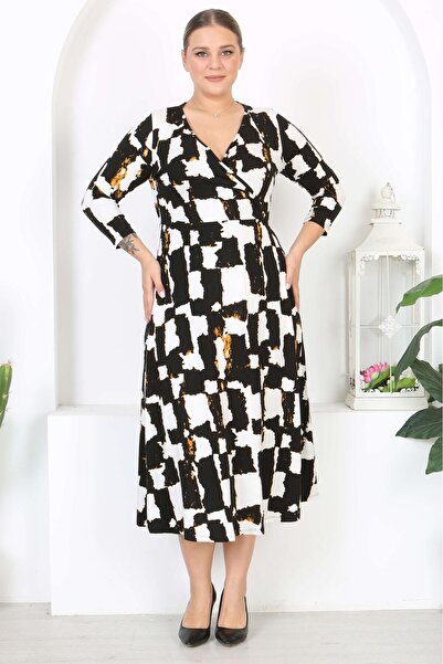 Mooi XXL Women's Black and White Abstract Pattern Long Sleeve Double Breasted Collar Plus Size Maxi Dress