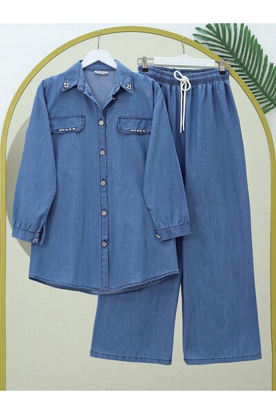 Modamorfo Blue Jeans Set - Wide Leg Trousers with Buttons and Pocket Detail