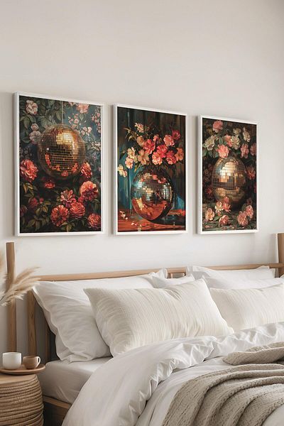 Postifull Set de pictură cu cadru alb, pictură murală maximalistă Disco Ball, set de 3 posteri, nr:300798