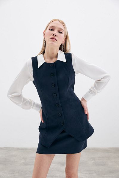 Sateen Buttoned Long Suede Vest - Navy Blue